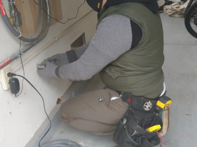 Electrician performing outlet wiring in a Tinley Park garage
